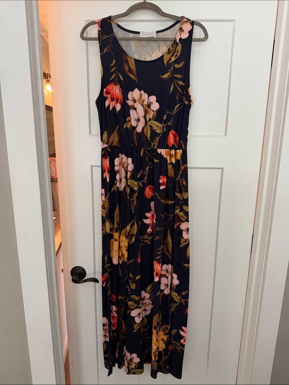 French Grey Navy Floral Maxi Dress with Pink and Red Blooms